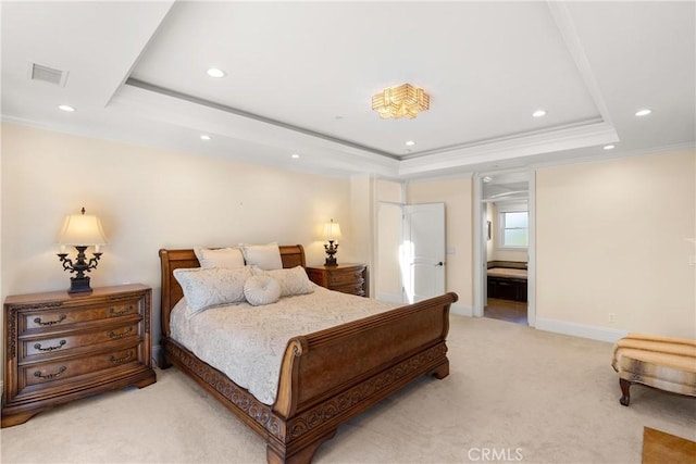 1921 Windward Ln, Newport Beach, CA 92660 - bedroom featuring a raised ceiling, light carpet, recessed lighting, crown molding, and connected bathroom