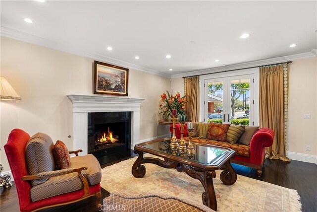 1921 Windward Ln, Newport Beach, CA 92660 - living room featuring wood finished floors, recessed lighting, crown molding, a fireplace with flush hearth, and baseboards