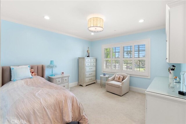 1921 Windward Ln, Newport Beach, CA 92660 - bedroom with light colored carpet, baseboards, ornamental molding, and recessed lighting