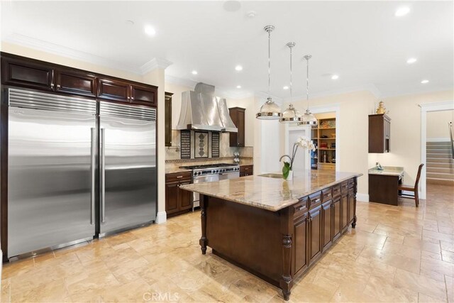 1921 Windward Ln, Newport Beach, CA 92660 - kitchen with premium appliances, range hood, ornamental molding, a sink, and tasteful backsplash
