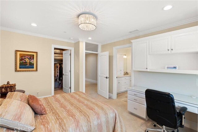 1921 Windward Ln, Newport Beach, CA 92660 - bedroom featuring ornamental molding, a spacious closet, light colored carpet, an office area, and ensuite bath