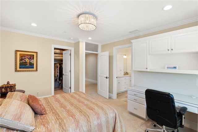 1921 Windward Ln, Newport Beach, CA 92660 - bedroom featuring light carpet, crown molding, a spacious closet, a desk, and recessed lighting