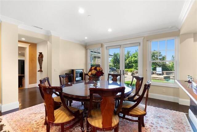 1921 Windward Ln, Newport Beach, CA 92660 - dining room with dark wood-style flooring, baseboards, french doors, crown molding, and recessed lighting
