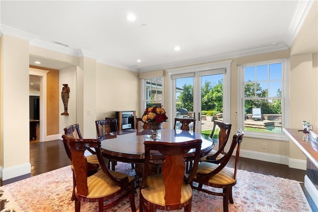 1921 Windward Ln, Newport Beach, CA 92660 - dining room with french doors, dark wood finished floors, crown molding, and recessed lighting