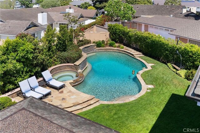 1921 Windward Ln, Newport Beach, CA 92660 - view of swimming pool featuring a residential view, a pool with connected hot tub, and a patio