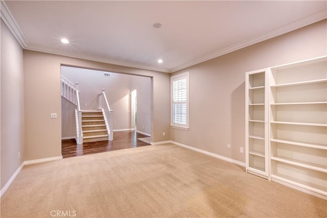 14939 Franklin Ln, Eastvale, CA 92880 - carpeted empty room featuring stairway, ornamental molding, and recessed lighting
