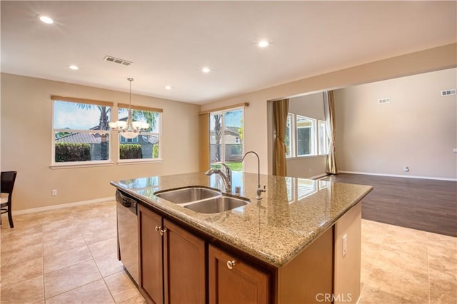 14939 Franklin Ln, Eastvale, CA 92880 - kitchen with dishwasher, a kitchen island with sink, recessed lighting, pendant lighting, and a chandelier