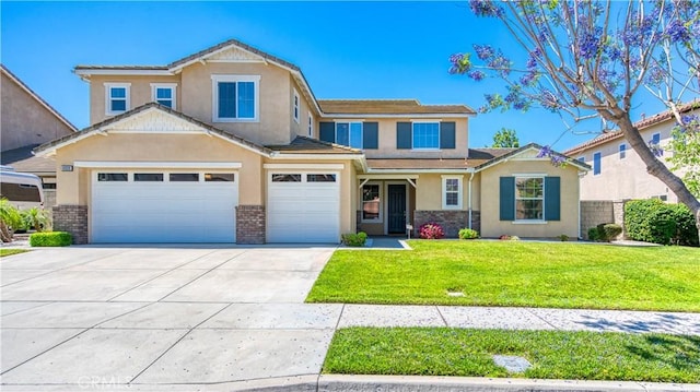 14939 Franklin Ln, Eastvale, CA 92880 - view of front of property with stucco siding, concrete driveway, a front lawn, and a garage