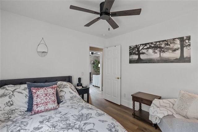 19969 Via Joyce Dr, Saugus, CA 91350 - bedroom featuring dark wood-style floors, baseboards, and a ceiling fan