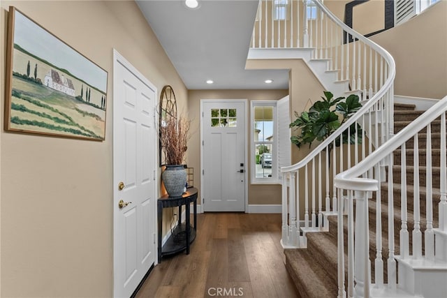 19969 Via Joyce Dr, Saugus, CA 91350 - entryway with wood finished floors, recessed lighting, stairway, and baseboards