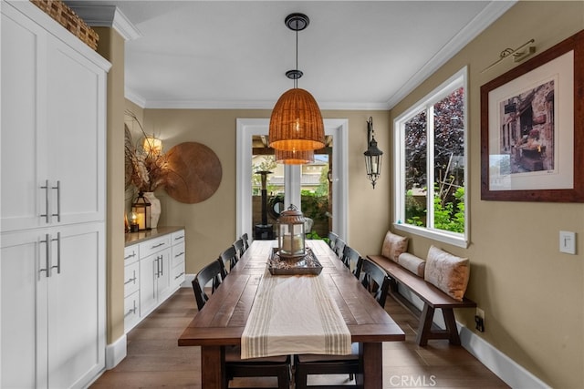 19969 Via Joyce Dr, Saugus, CA 91350 - dining area with baseboards, crown molding, a chandelier, and wood finished floors