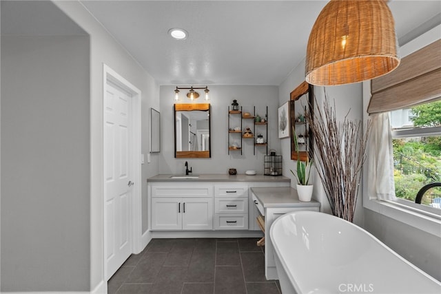 19969 Via Joyce Dr, Saugus, CA 91350 - full bath with vanity, a soaking tub, tile patterned flooring, baseboards, and recessed lighting