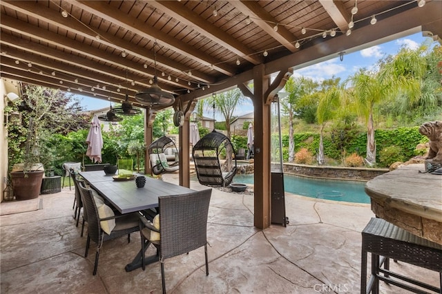 19969 Via Joyce Dr, Saugus, CA 91350 - view of patio with a ceiling fan, an outdoor pool, and outdoor dining area