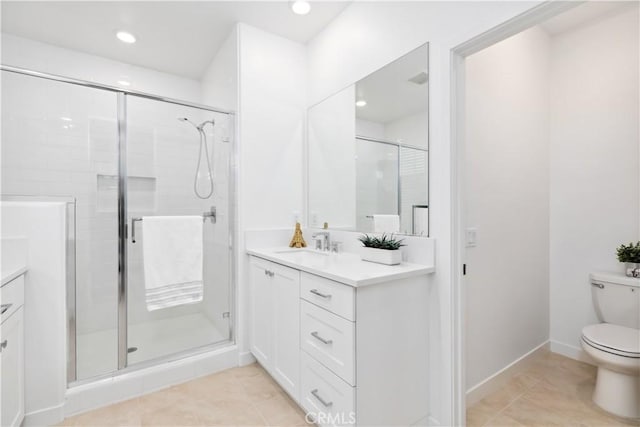 501 Embrook Way, West Covina, CA 91791 - full bathroom featuring vanity, a stall shower, toilet, tile patterned floors, and recessed lighting
