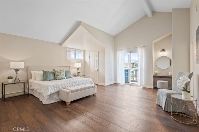 23906 Olson Ln, Lomita, CA 90717 - bedroom featuring beam ceiling, dark wood-style floors, high vaulted ceiling, and baseboards
