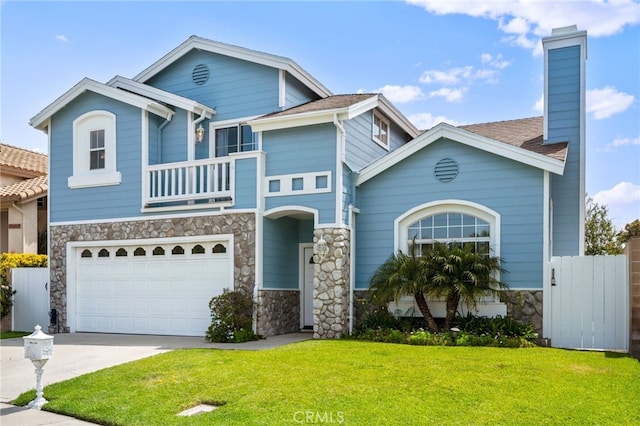 23906 Olson Ln, Lomita, CA 90717 - view of front facade with stone siding, a balcony, concrete driveway, and a chimney