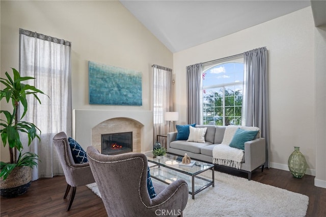 23906 Olson Ln, Lomita, CA 90717 - living room with dark wood-type flooring, a glass covered fireplace, baseboards, and high vaulted ceiling