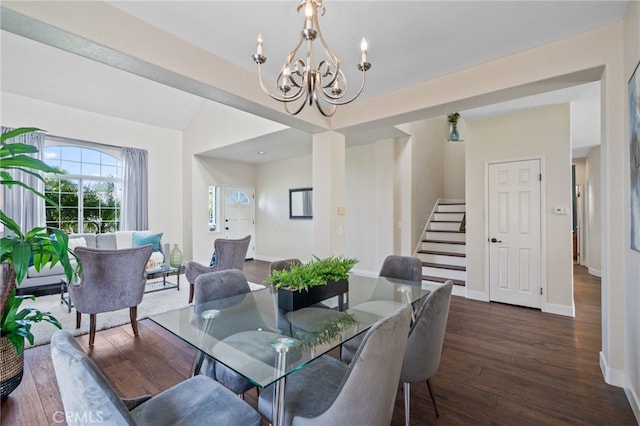23906 Olson Ln, Lomita, CA 90717 - dining space with stairway, a chandelier, dark wood-style flooring, and baseboards