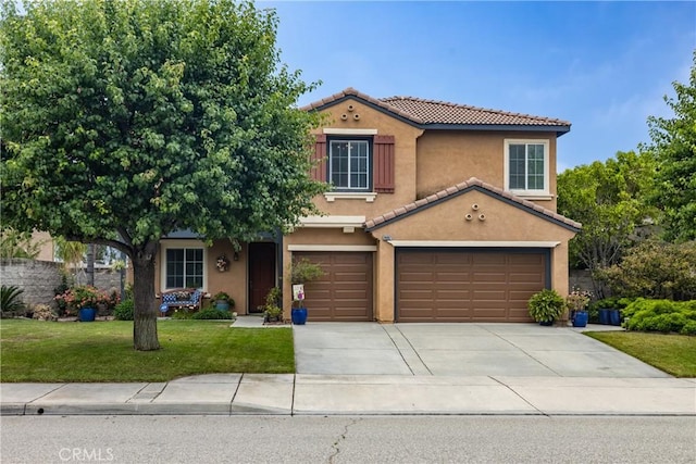 29207 Clear Spring Ln, Highland, CA 92346 - view of front of house featuring an attached garage, stucco siding, a front lawn, and concrete driveway
