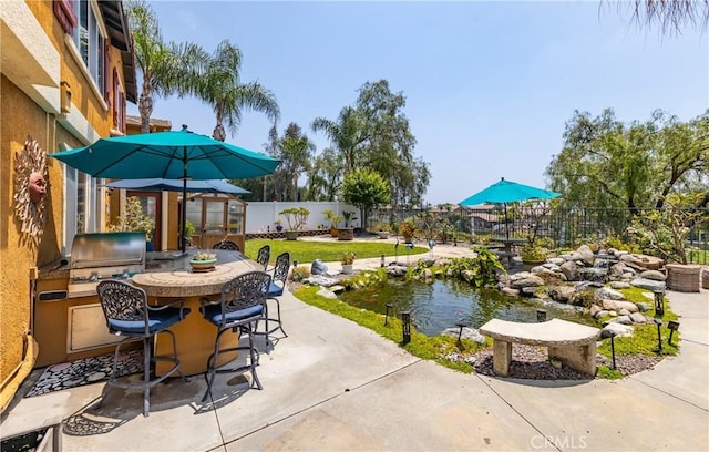 29207 Clear Spring Ln, Highland, CA 92346 - fenced backyard with a garden pond, a patio, and outdoor dining space