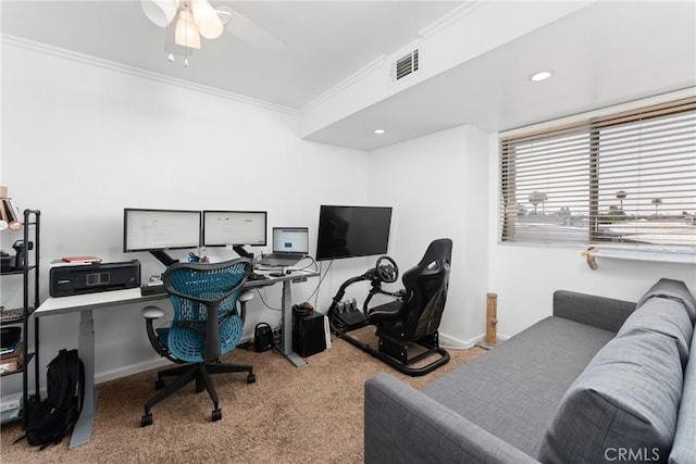1675 W Lambert Rd Unit G, La Habra, CA 90631 - carpeted office space featuring ornamental molding, baseboards, and ceiling fan