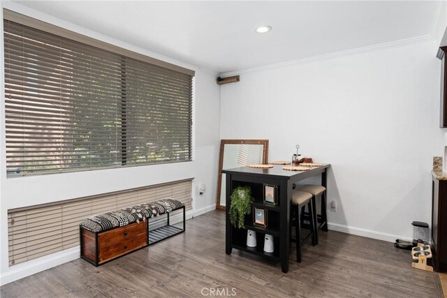 1675 W Lambert Rd Unit G, La Habra, CA 90631 - dining space with crown molding, baseboards, wood finished floors, and recessed lighting