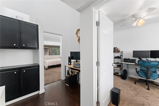1675 W Lambert Rd Unit G, La Habra, CA 90631 - office area with a ceiling fan, dark colored carpet, and dark wood-type flooring