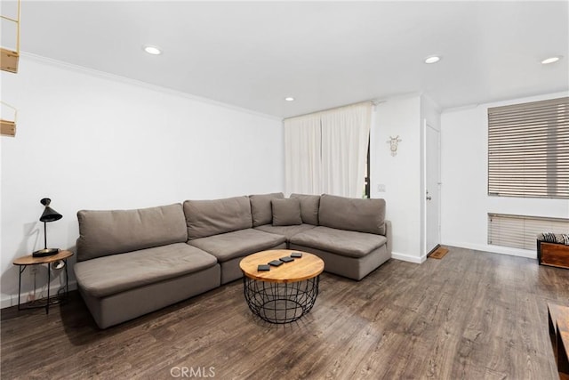 1675 W Lambert Rd Unit G, La Habra, CA 90631 - living room with baseboards, wood finished floors, recessed lighting, and ornamental molding