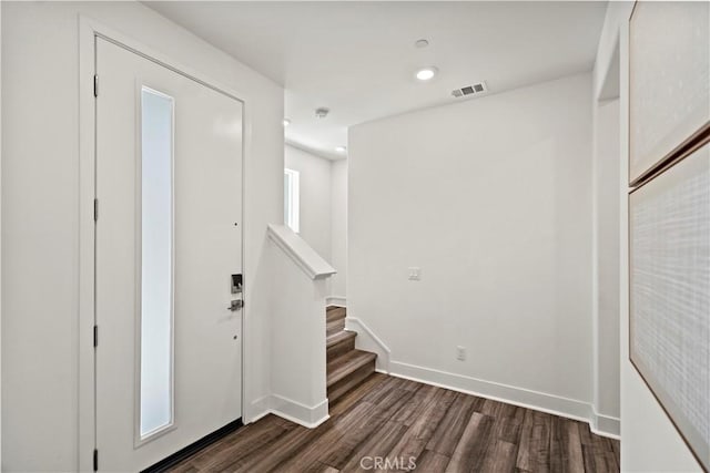 297 Lynx, Irvine, CA 92618 - foyer entrance with dark wood-style flooring, recessed lighting, and stairs