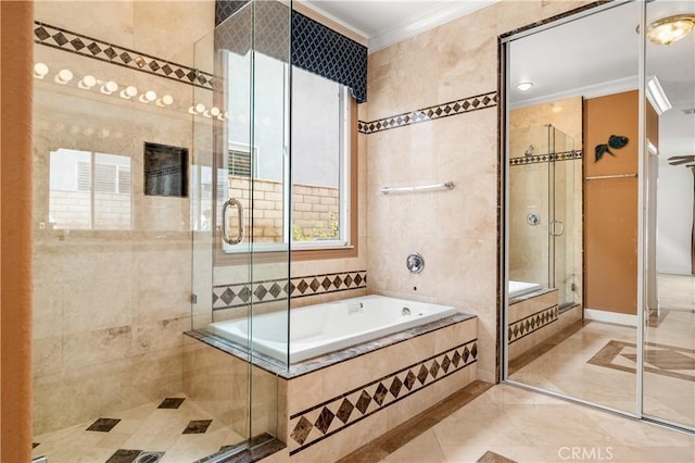 960 Hemingway Dr, Corona, CA 92878 - full bath with crown molding, a stall shower, and a bath