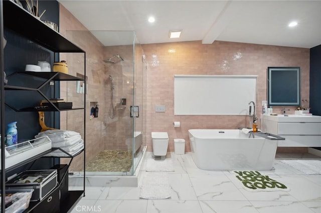 1606 Glenmont Dr, Glendale, CA 91207 - bathroom featuring a soaking tub, a stall shower, recessed lighting, marble finish flooring, and tile walls