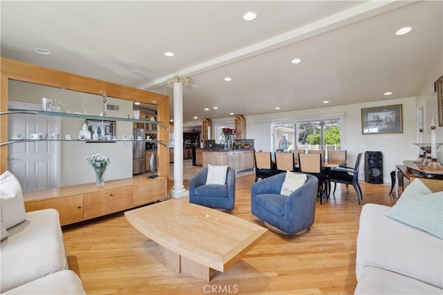 1606 Glenmont Dr, Glendale, CA 91207 - living area with decorative columns, light wood-type flooring, and recessed lighting