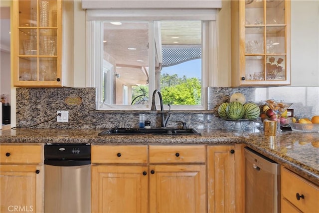 1606 Glenmont Dr, Glendale, CA 91207 - kitchen with stainless steel dishwasher, a sink, glass insert cabinets, and backsplash