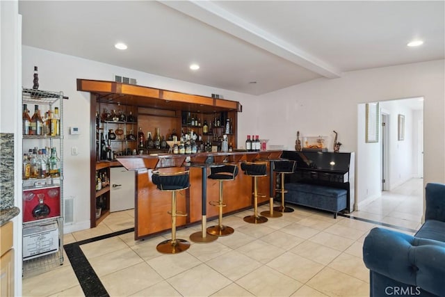 1606 Glenmont Dr, Glendale, CA 91207 - indoor wet bar featuring beamed ceiling, light tile patterned flooring, and recessed lighting