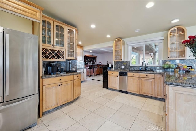 1606 Glenmont Dr, Glendale, CA 91207 - kitchen with freestanding refrigerator, tasteful backsplash, a sink, light tile patterned flooring, and recessed lighting