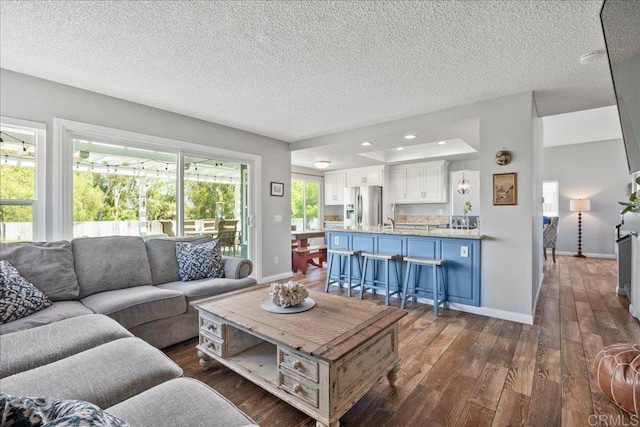 655 Boysenberry Way, Oceanside, CA 92057 - living room featuring dark wood-style flooring, baseboards, a textured ceiling, and recessed lighting