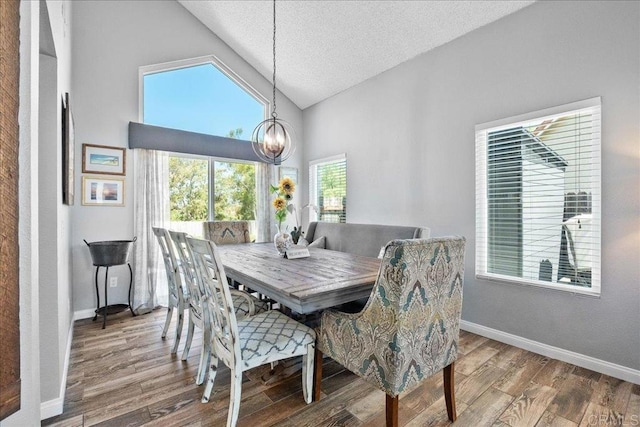 655 Boysenberry Way, Oceanside, CA 92057 - dining space with wood finished floors, a textured ceiling, a chandelier, and high vaulted ceiling