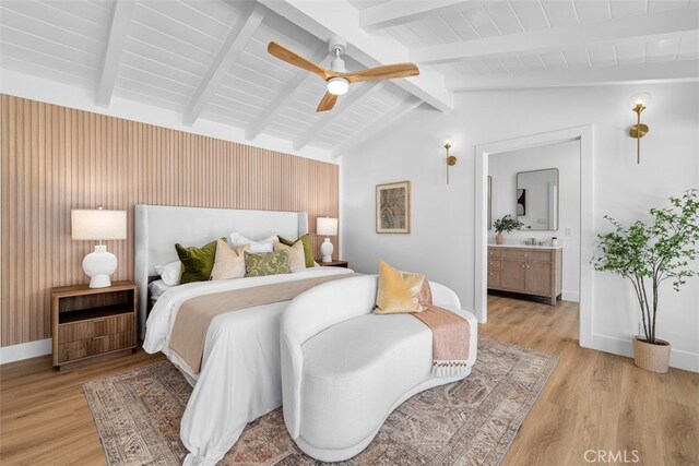 3830 Cedar Ave, Long Beach, CA 90807 - bedroom featuring light wood-type flooring, baseboards, ensuite bathroom, a ceiling fan, and wood ceiling