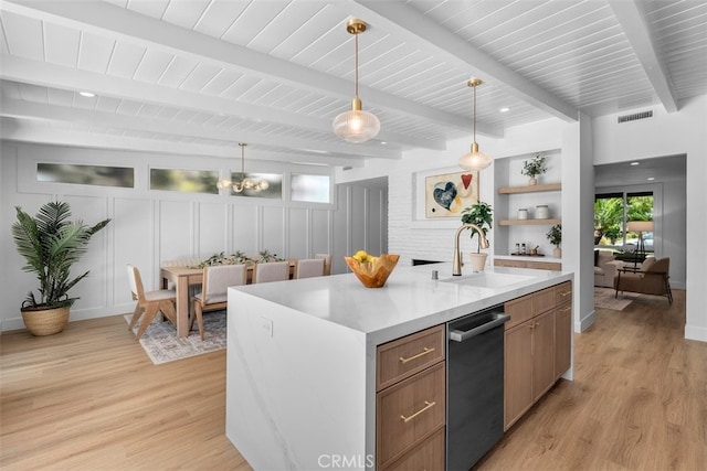 3830 Cedar Ave, Long Beach, CA 90807 - kitchen featuring stainless steel dishwasher, a sink, light wood-type flooring, light countertops, and wood ceiling with exposed beams