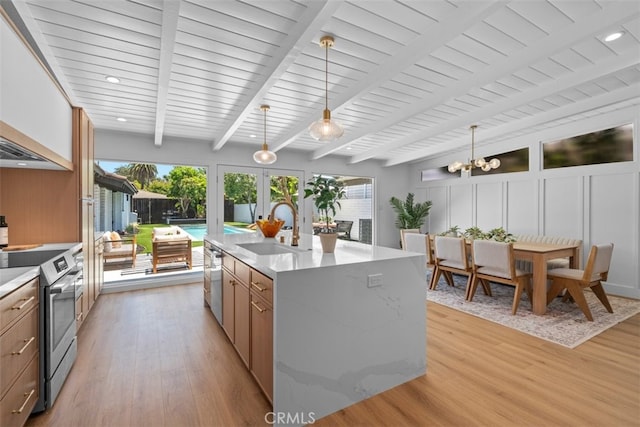 3830 Cedar Ave, Long Beach, CA 90807 - kitchen featuring appliances with stainless steel finishes, a sink, light wood-style flooring, a center island with sink, and wood ceiling with exposed beams