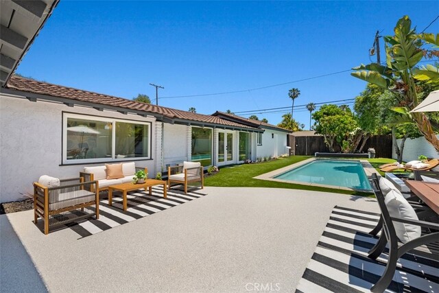 3830 Cedar Ave, Long Beach, CA 90807 - view of swimming pool with an outdoor hangout area, a patio area, a fenced backyard, and french doors