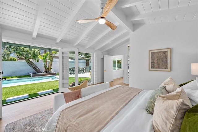 3830 Cedar Ave, Long Beach, CA 90807 - bedroom featuring multiple windows, wood finished floors, wooden ceiling, and a ceiling fan