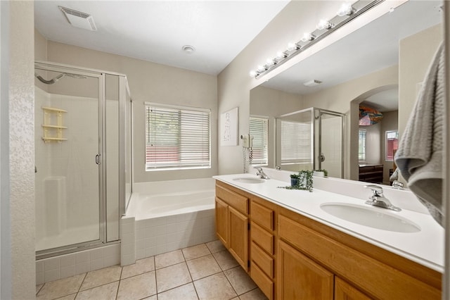 32839 Charmes Ct, Temecula, CA 92592 - bathroom with a stall shower, double vanity, tile patterned floors, and a bath