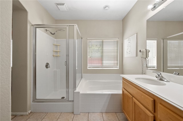 32839 Charmes Ct, Temecula, CA 92592 - bathroom with a shower stall, vanity, a bath, and tile patterned flooring