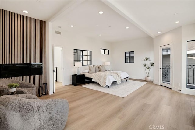 1922 Gates Ave Unit A, Redondo Beach, CA 90278 - bedroom with recessed lighting, light wood-style flooring, baseboards, beamed ceiling, and access to outside