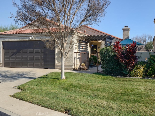 8619 San Miguel Pl, Rancho Cucamonga, CA 91730 - mediterranean / spanish-style house with a garage, concrete driveway, a front yard, a tile roof, and stucco siding