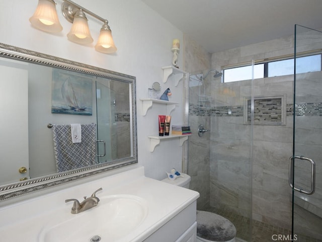 8619 San Miguel Pl, Rancho Cucamonga, CA 91730 - full bathroom featuring vanity, a shower stall, and toilet