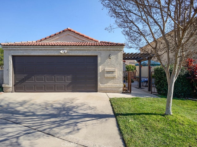 8619 San Miguel Pl, Rancho Cucamonga, CA 91730 - mediterranean / spanish-style home featuring a pergola, a tiled roof, driveway, stucco siding, and a front lawn