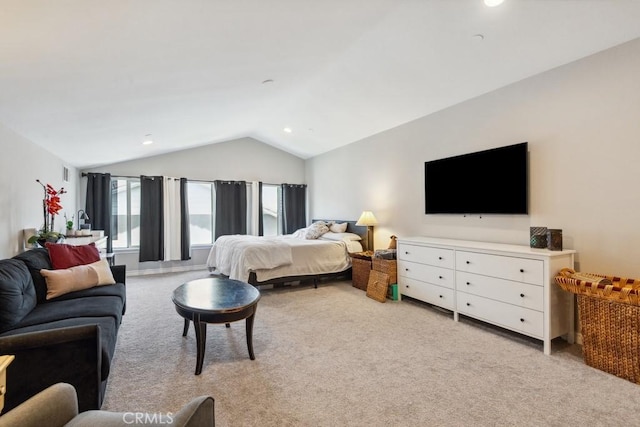 5460 Turin Way, Fontana, CA 92336 - bedroom featuring light colored carpet, vaulted ceiling, and recessed lighting