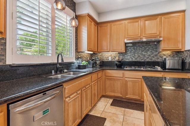 5460 Turin Way, Fontana, CA 92336 - kitchen featuring stainless steel appliances, light tile patterned floors, decorative backsplash, and under cabinet range hood